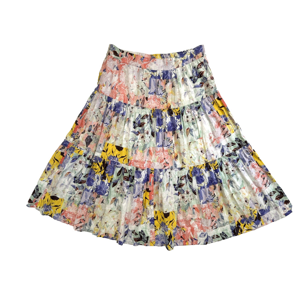 INC Midi Skirt XL Tiered-Ruffle A-Line Peasant Colorful Floral Linen Rayon - NEW